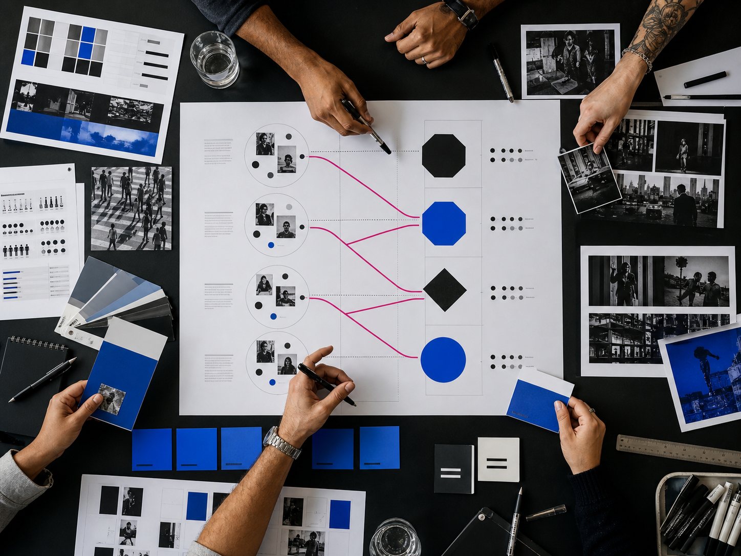 A team mapping audience segments to target platforms across a printed strategy chart