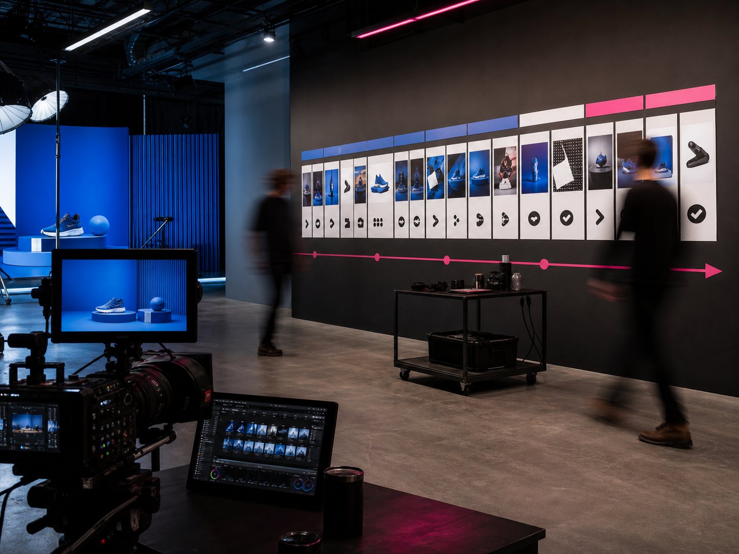 A content calendar laid out across a studio wall beside an active photography set