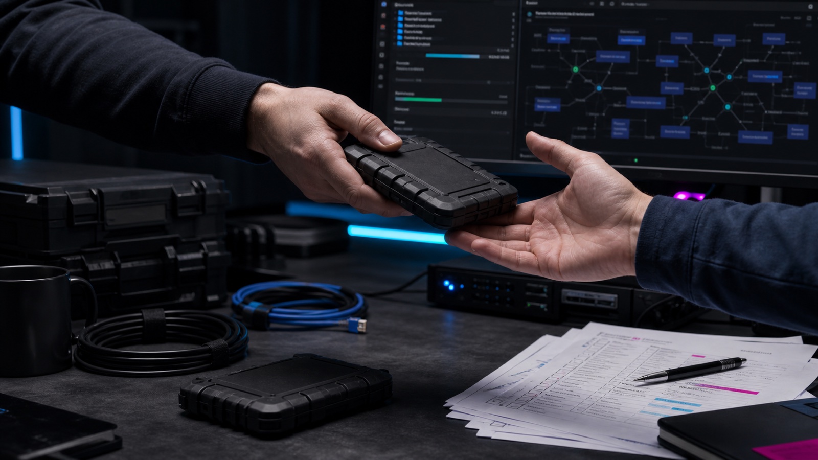 Project drives and migration materials being handed between providers